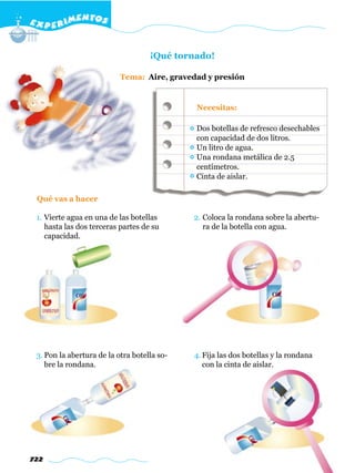 E X P E R IMENTOS


                                    ¡Qué tornado!

                           Tema: Aire, gravedad y presión


                                             Necesitas:

                                             Dos botellas de refresco desechables
                                             con capacidad de dos litros.
                                             Un litro de agua.
                                             Una rondana metálica de 2.5
                                             centímetros.
                                             Cinta de aislar.

 Qué vas a hacer

 1. Vierte agua en una de las botellas       2. Coloca la rondana sobre la abertu-
    hasta las dos terceras partes de su         ra de la botella con agua.
    capacidad.




 3. Pon la abertura de la otra botella so-   4. Fija las dos botellas y la rondana
    bre la rondana.                             con la cinta de aislar.




722
 
