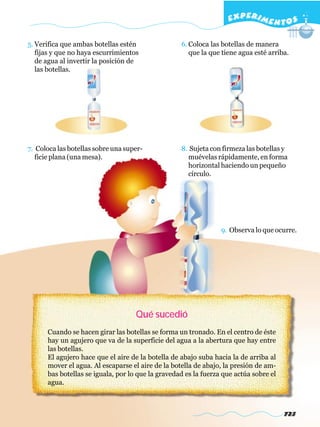 EXPERI M E N T O S

5. Verifica que ambas botellas estén               6. Coloca las botellas de manera
   fijas y que no haya escurrimientos                 que la que tiene agua esté arriba.
   de agua al invertir la posición de
   las botellas.




7. Coloca las botellas sobre una super-            8. Sujeta con firmeza las botellas y
   ficie plana (una mesa).                           muévelas rápidamente, en forma
                                                     horizontal haciendo un pequeño
                                                     círculo.




                                                                 9. Observa lo que ocurre.




                                    Qué sucedió
      Cuando se hacen girar las botellas se forma un tronado. En el centro de éste
      hay un agujero que va de la superficie del agua a la abertura que hay entre
      las botellas.
      El agujero hace que el aire de la botella de abajo suba hacia la de arriba al
      mover el agua. Al escaparse el aire de la botella de abajo, la presión de am-
      bas botellas se iguala, por lo que la gravedad es la fuerza que actúa sobre el
      agua.



                                                                                       723
 