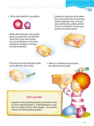 EX PER IM EN TO S


4. Clava cada alambre a una pelota.                5. Inserta los extremos de los alam-
                                                     bres a las perforaciones de la tapa
                                                     (pelota pequeña: luna, en la pri-
                                                     mera perforación, pelota grande:
                                                     tierra, en el centro). Procura que
                                                     queden a la misma altura.

6. Reliza dos aberturas, una cuadra-
  da de 3 cm por lado, al centro del
  frente de la caja, otra circular
  de 2 cm de diámetro en la arista
  señalada en la figura, al mismo
  nivel de las pelotas.




7. Proyecta la luz de la lámpara (Sol),     8. Observa el fenómeno por la aber-
   por la abertura de la arista.              tura del frente de la caja.




                     Qué sucedió
    Cuando la Luna (pelota pequeña) se interpuso entre
    la Tierra (pelota grande) y el Sol (lámpara) se pro-
    dujo un eclipse de Sol, observándose una porción
    oscura en la Tierra (pelota grande).




                                                                                      647
 