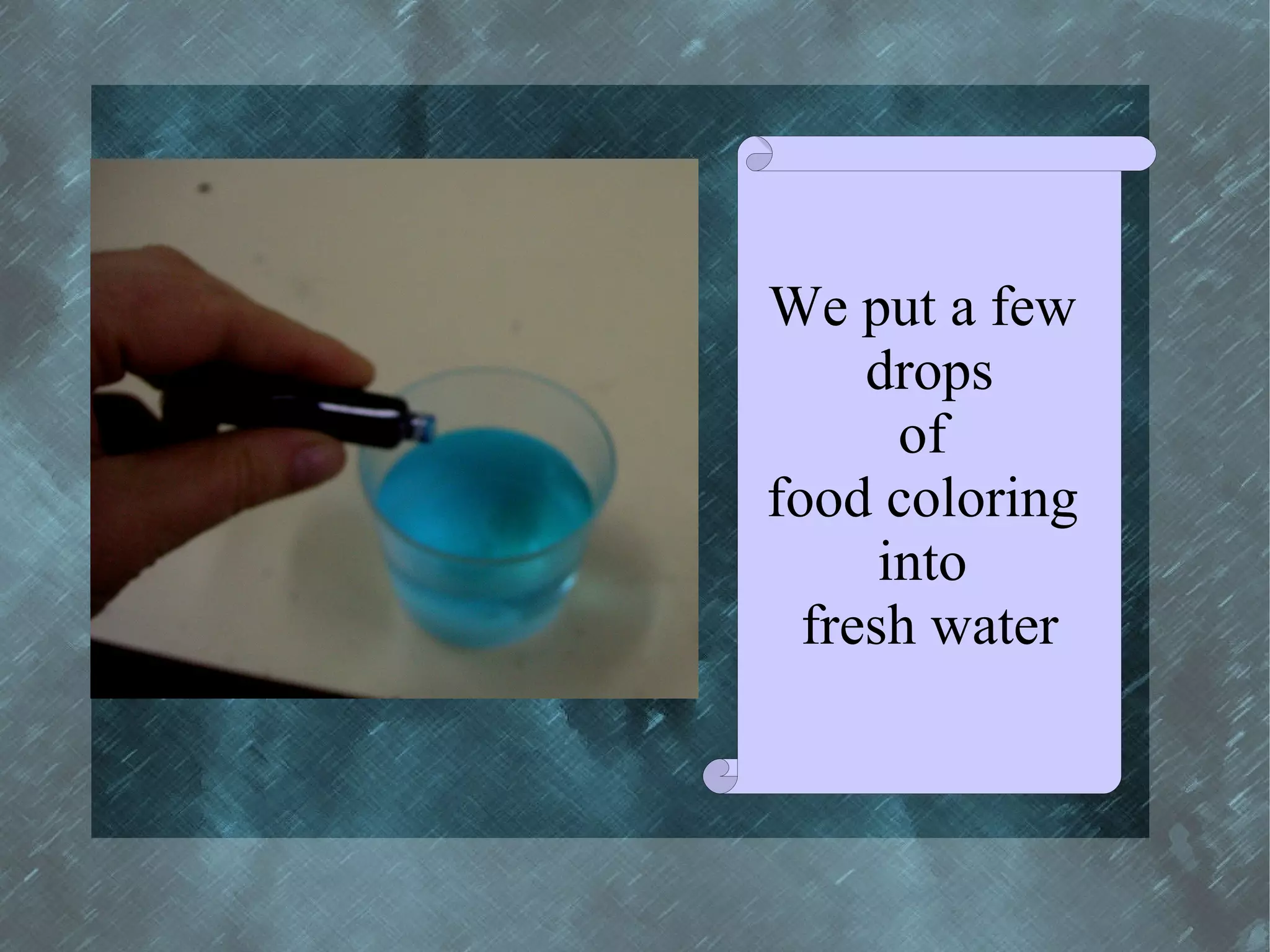 We put a few
     drops
       of
food coloring
      into
  fresh water
 