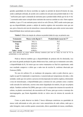 Cultivando o Saber                                                                              183

 grandes quantidades de chuvas ocorridas na região no período de desenvolvimento da soja,
 sendo a adubação utilizada, de acordo com a análise de solo para uma produtividade de 2 t ha-
 1
     ineficiente para suprir a demanda de nutrientes para a produtividade obtida que foi de 4 t ha-
 1
     , ocorrendo então maior extração desse nutriente das reservas contidas no solo. Outro aspecto
 também, é que o P é um nutriente pouco móvel no solo (Novais, 2007) sendo assim para que
 aja sua disponibilidade, perante a adição de matéria orgânica são necessários mais que um
 ano, pois a biota do solo tem de mineralizar a massa adicionada, para então ocorrer uma maior
 disponibilidade desse nutriente para as planta.

           Tabela 2: Efeito da rotação de culturas na produtividade de soja, no primeiro ano

        Tratamento          Massa verde (Kg ha-1)             Produtividade (sacas ha-1)ns
       Testemunha                   765,1 a                                78,7
          Trigo                    2034,0 b                                79,2
          Aveia                    2464,4 b                                 67
          Nabo                     6636,0 c                                 66
       Nabo + Aveia                6108,8 c                                72,6
Nota: letras diferentes na coluna indicam diferença estatística pelo teste de Tukey em nível de 5% de
probabilidade. ns: não significativo.


           Pode-se observar também que a disponibilidade do potássio (K) foi diminuída, isso
 por causa da grande produção de grãos obtida nessa faze, sendo que no tratamento com nabo,
 a disponibilidade de K, foi maior que nos outros tratamentos no final do experimento, onde
 esse resultado comprova o efeito que o nabo tem de reciclar K, conforme observado por
 Fontoura (2009).
           No caso do carbono (C), as mudanças são pequenas, onde se pode observar, que a
 região na qual foi implantado o experimento, é caracterizada por temperaturas elevadas, e alta
 umidade, sendo que isto acelera o processo de decomposição da matéria orgânica, diminuindo
 a taxa de mineralização, e disponibilidade para a estrutura do solo, portanto como a matéria
 verde anexada foi ineficiente, ocorreu uma maior degradação da matéria, do que sua própria
 adição. Também conforme Sá (2008), para que o solo se recupere dos sistemas de sucessão de
 cultura, ou plantio convencional, são necessários até 20 anos, para que ocorra o rearranjo dos
 macroagregados, que foram degradados devido os vários anos do sistema de sucessão de
 culturas.

           Como se pode observar na tabela 2 houve diferenças estatísticas na quantidade de
 massa verde adicionada no solo, pois esta é uma característica de cada cultura, onde que o
 nabo forrageiro, tanto sozinho quanto consorciado, obteve quantidades de massa, semelhante,


 Cascavel, v.4, n.4, p.179-185, 2011
 