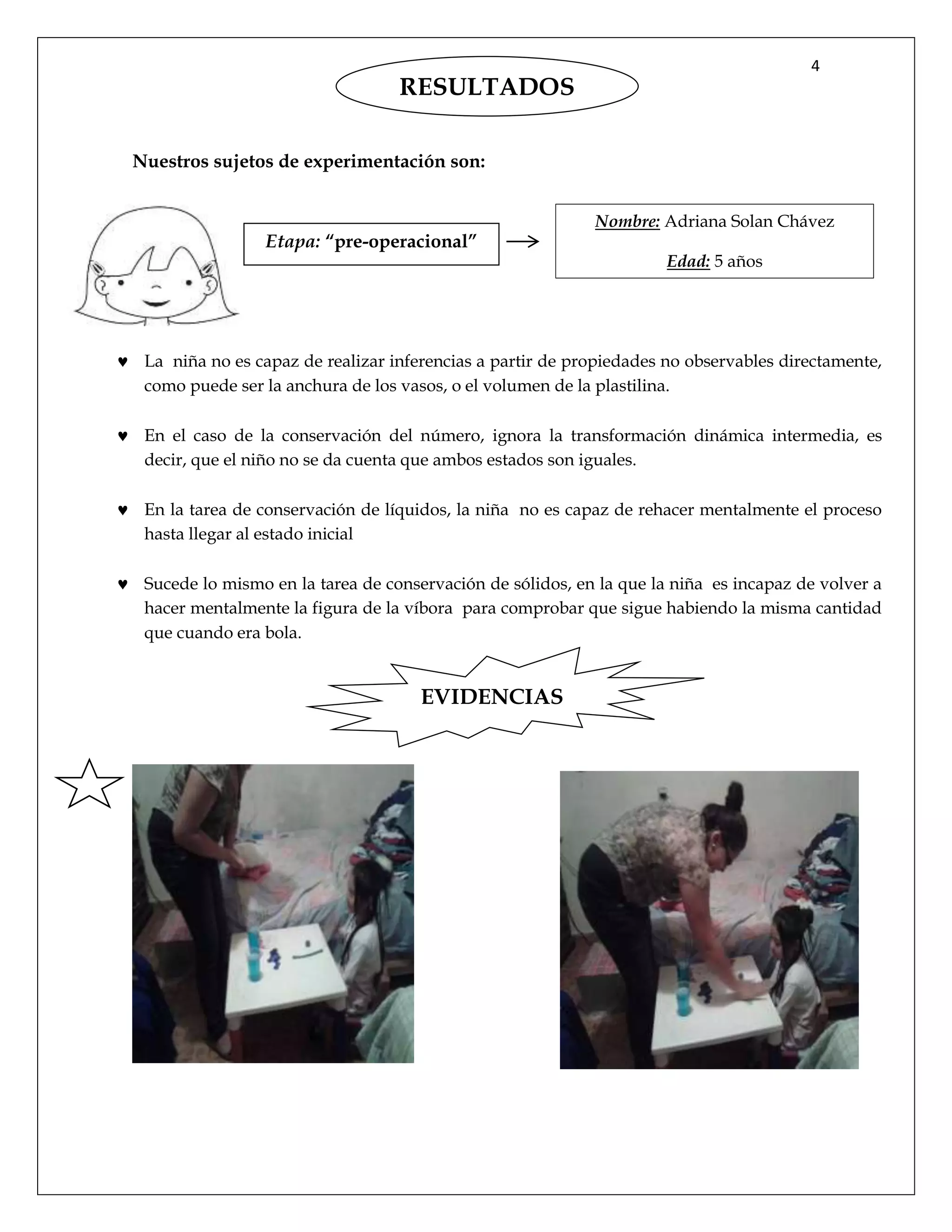4
Nuestros sujetos de experimentación son:
 La niña no es capaz de realizar inferencias a partir de propiedades no observables directamente,
como puede ser la anchura de los vasos, o el volumen de la plastilina.
 En el caso de la conservación del número, ignora la transformación dinámica intermedia, es
decir, que el niño no se da cuenta que ambos estados son iguales.
 En la tarea de conservación de líquidos, la niña no es capaz de rehacer mentalmente el proceso
hasta llegar al estado inicial
 Sucede lo mismo en la tarea de conservación de sólidos, en la que la niña es incapaz de volver a
hacer mentalmente la figura de la víbora para comprobar que sigue habiendo la misma cantidad
que cuando era bola.
RESULTADOS
Etapa: “pre-operacional”
EVIDENCIAS
Nombre: Adriana Solan Chávez
Edad: 5 años
 