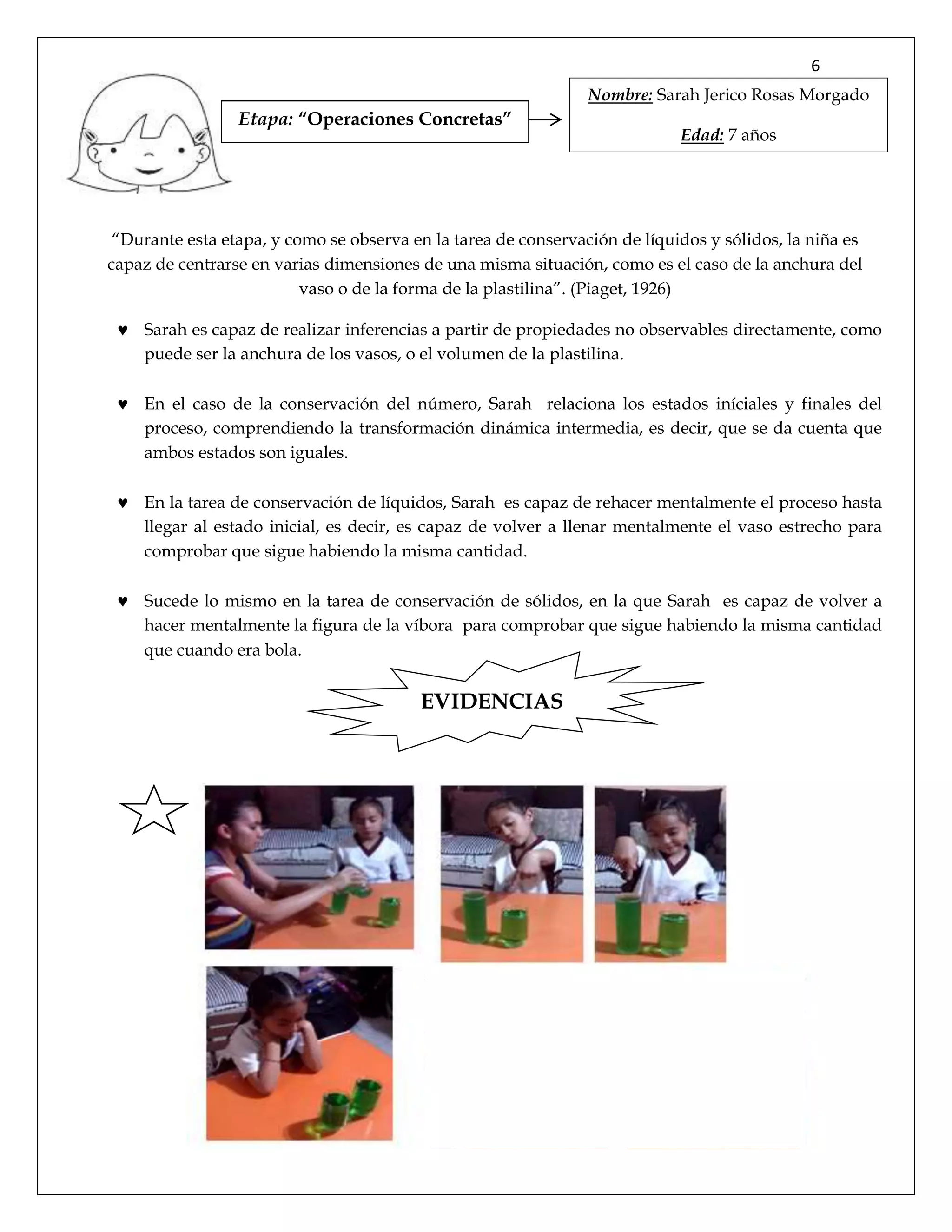 6
“Durante esta etapa, y como se observa en la tarea de conservación de líquidos y sólidos, la niña es
capaz de centrarse en varias dimensiones de una misma situación, como es el caso de la anchura del
vaso o de la forma de la plastilina”. (Piaget, 1926)
 Sarah es capaz de realizar inferencias a partir de propiedades no observables directamente, como
puede ser la anchura de los vasos, o el volumen de la plastilina.
 En el caso de la conservación del número, Sarah relaciona los estados iníciales y finales del
proceso, comprendiendo la transformación dinámica intermedia, es decir, que se da cuenta que
ambos estados son iguales.
 En la tarea de conservación de líquidos, Sarah es capaz de rehacer mentalmente el proceso hasta
llegar al estado inicial, es decir, es capaz de volver a llenar mentalmente el vaso estrecho para
comprobar que sigue habiendo la misma cantidad.
 Sucede lo mismo en la tarea de conservación de sólidos, en la que Sarah es capaz de volver a
hacer mentalmente la figura de la víbora para comprobar que sigue habiendo la misma cantidad
que cuando era bola.
Etapa: “Operaciones Concretas”
EVIDENCIAS
Nombre: Sarah Jerico Rosas Morgado
Edad: 7 años
 