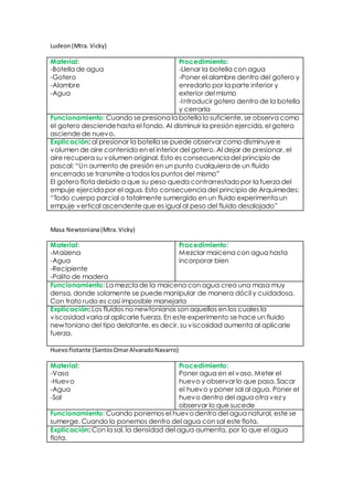 Ludeon (Mtra. Vicky) 
Material: 
-Botella de agua 
-Gotero 
-Alambre 
-Agua 
Procedimiento: 
-Llenar la botella con agua 
-Poner el alambre dentro del gotero y 
enredarlo por la parte inferior y 
exterior del mismo 
-Introducir gotero dentro de la botella 
y cerrarla 
Funcionamiento: Cuando se presiona la botella lo suficiente, se observa como 
el gotero desciende hasta el fondo. Al disminuir la presión ejercida, el gotero 
asciende de nuevo. 
Explicación: al presionar la botella se puede observar como disminuye e 
volumen de aire contenido en el interior del gotero. Al dejar de presionar, el 
aire recupera su volumen original. Esto es consecuencia del principio de 
pascal: “Un aumento de presión en un punto cualquiera de un fluido 
encerrado se transmite a todos los puntos del mismo” 
El gotero flota debido a que su peso queda contrarrestado por la fuerza del 
empuje ejercida por el agua. Esto consecuencia del principio de Arquímedes: 
“Todo cuerpo parcial o totalmente sumergido en un fluido experimenta un 
empuje vertical ascendente que es igual al peso del fluido desalojado” 
Masa Newtoniana (Mtra. Vicky) 
Material: 
-Maizena 
-Agua 
-Recipiente 
-Palito de madera 
Procedimiento: 
Mezclar maicena con agua hasta 
incorporar bien 
Funcionamiento: La mezcla de la maicena con agua crea una masa muy 
densa, donde solamente se puede manipular de manera dócil y cuidadosa. 
Con trato rudo es casi imposible manejarla 
Explicación: Los fluidos no newtonianos son aquellos en los cuales la 
viscosidad varia al aplicarle fuerza. En este experimento se hace un fluido 
newtoniano del tipo delatante, es decir, su viscosidad aumenta al aplicarle 
fuerza. 
Huevo flotante (Santos Omar Alvarado Navarro) 
Material: 
-Vaso 
-Huevo 
-Agua 
-Sal 
Procedimiento: 
Poner agua en el vaso. Meter el 
huevo y observar lo que pasa. Sacar 
el huevo y poner sal al agua. Poner el 
huevo dentro del agua otra vez y 
observar lo que sucede 
Funcionamiento: Cuando ponemos el huevo dentro del agua natural, este se 
sumerge. Cuando lo ponemos dentro del agua con sal este flota. 
Explicación: Con la sal, la densidad del agua aumenta, por lo que el agua 
flota. 
 