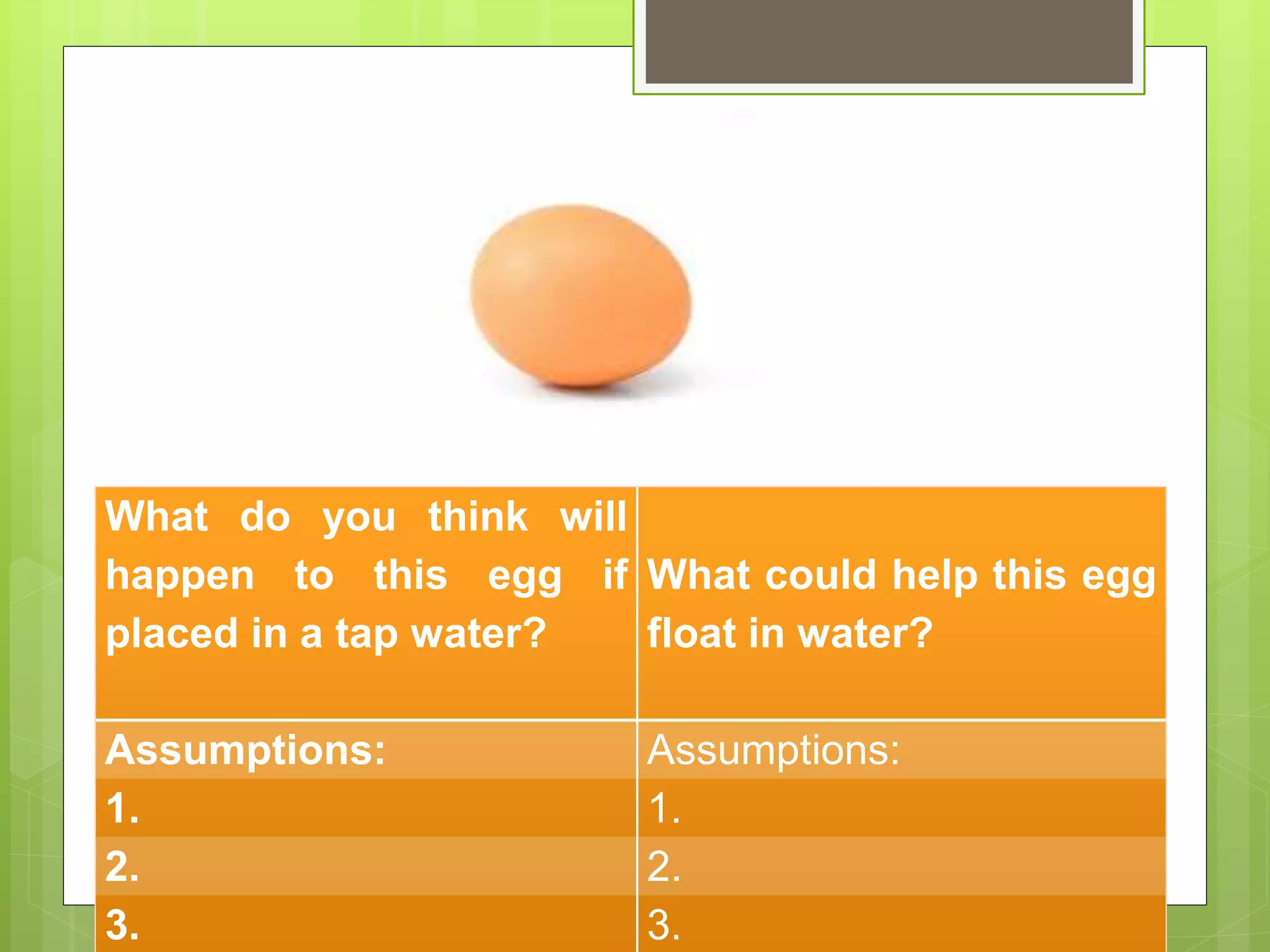 What do you think will
happen to this egg if
placed in a tap water?
What could help this egg
float in water?
Assumptions: Assumptions:
1. 1.
2. 2.
3. 3.
 