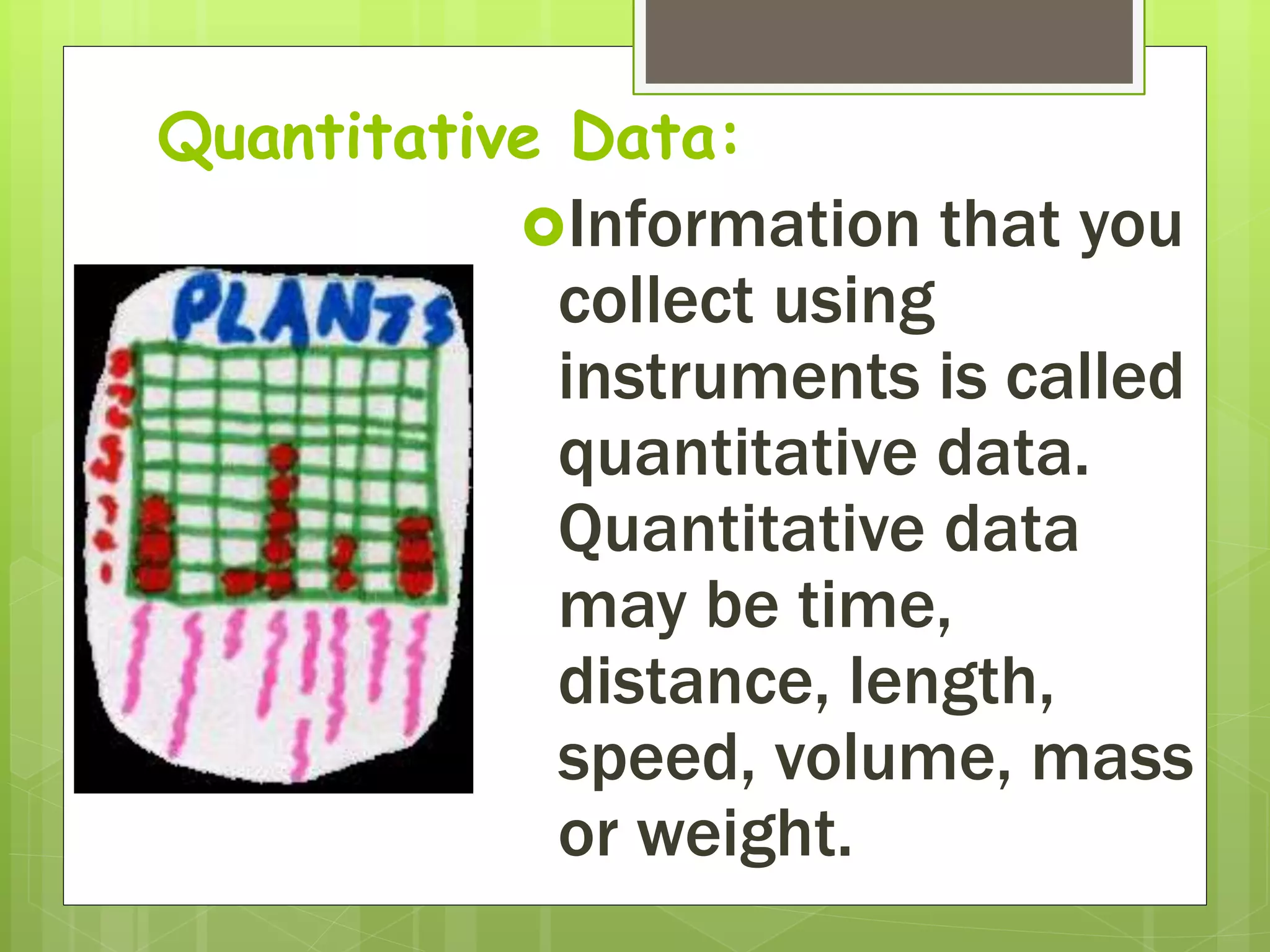 Quantitative Data:
Information that you
collect using
instruments is called
quantitative data.
Quantitative data
may be time,
distance, length,
speed, volume, mass
or weight.
 