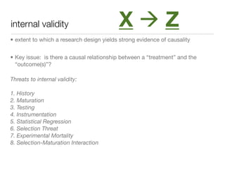 internal validity                         XZ
• extent to which a research design yields strong evidence of causality


• Key issue: is there a causal relationship between a “treatment” and the
  “outcome(s)”?

Threats to internal validity:

1. History
2. Maturation
3. Testing
4. Instrumentation
5. Statistical Regression
6. Selection Threat
7. Experimental Mortality
8. Selection-Maturation Interaction
 