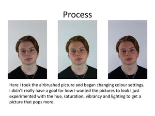 Process
Here I took the airbrushed picture and began changing colour settings.
I didn’t really have a goal for how I wanted the pictures to look I just
experimented with the hue, saturation, vibrancy and lighting to get a
picture that pops more.
 