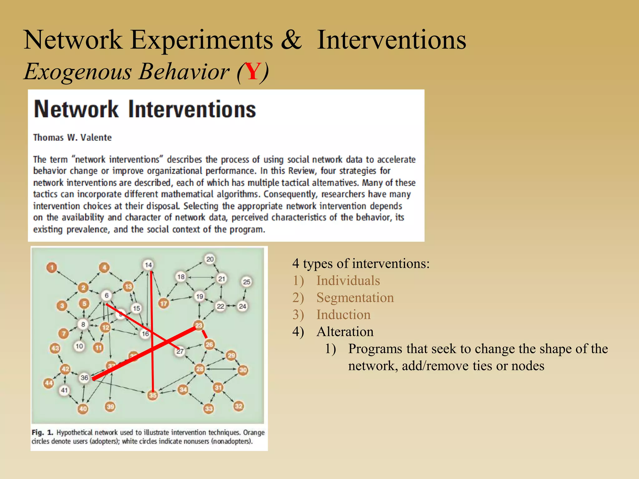 Network Experiments & Interventions
Exogenous Behavior (Y)
4 types of interventions:
1) Individuals
2) Segmentation
3) Induction
4) Alteration
1) Programs that seek to change the shape of the
network, add/remove ties or nodes
 