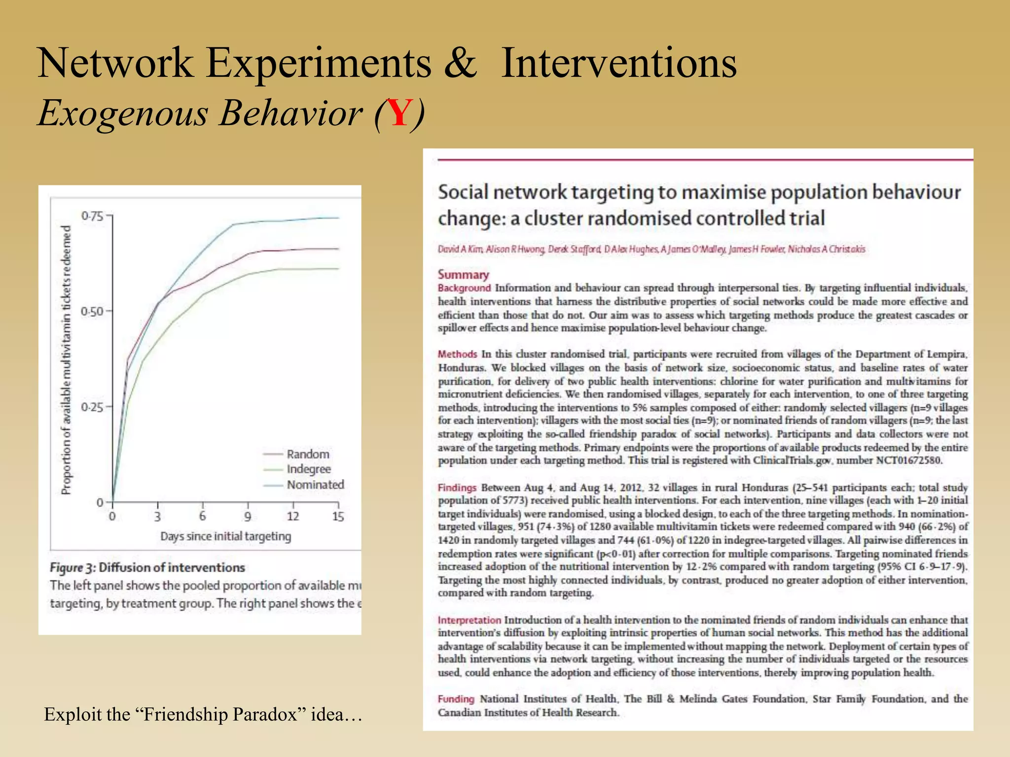 Network Experiments & Interventions
Exogenous Behavior (Y)
Exploit the “Friendship Paradox” idea…
 