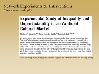 Note follow-up work (by Salganik & Watts) suggests the effects are weak and not long lasting
Network Experiments & Interventions
Exogenous networks (W)
 