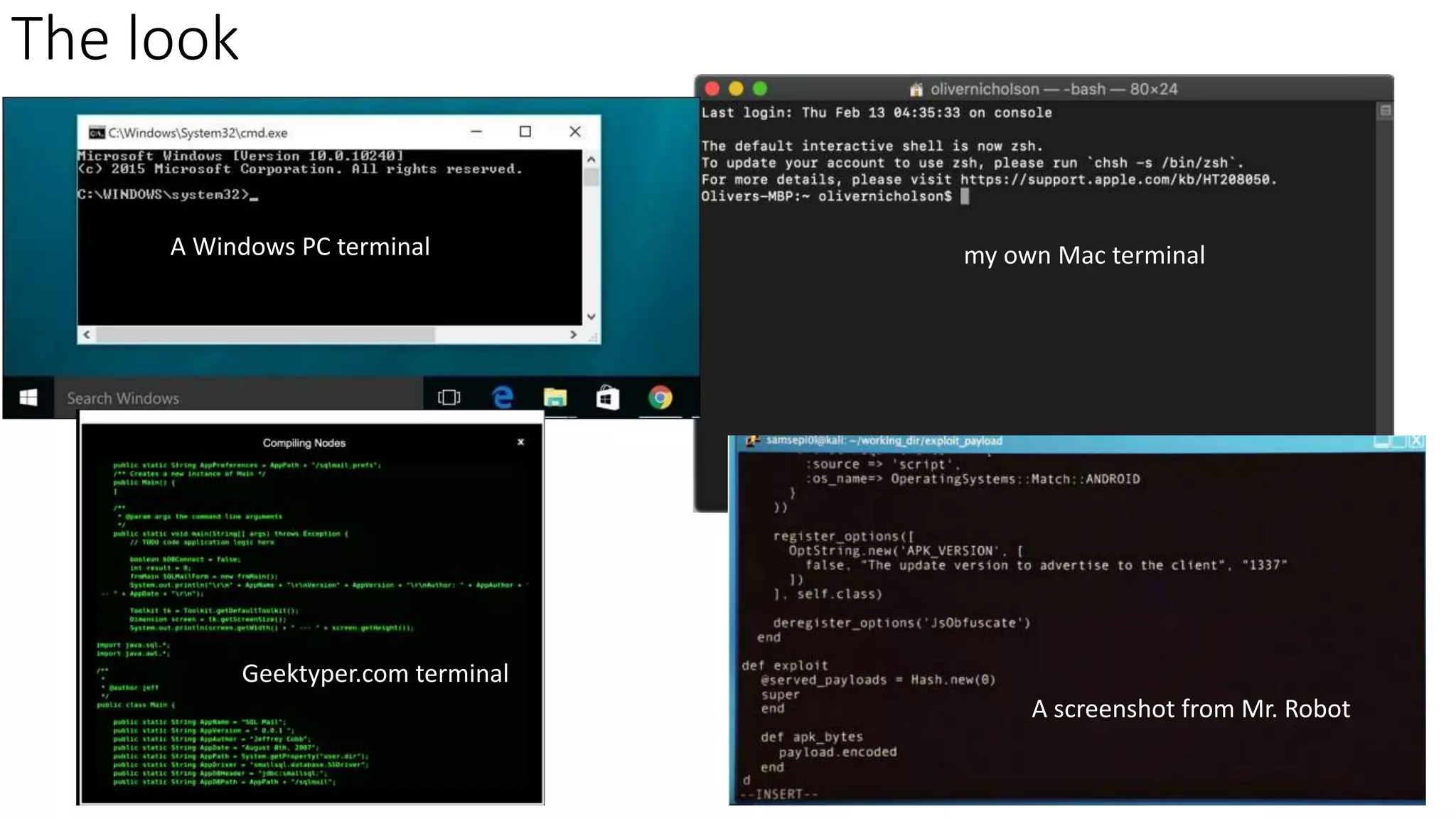 The look
my own Mac terminalA Windows PC terminal
A screenshot from Mr. Robot
Geektyper.com terminal
 