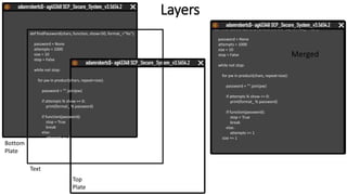 Layers
def findPassword(chars, function, show=50, format_="%s"):
password = None
attempts = 1000
size = 10
stop = False
while not stop:
for pw in product(chars, repeat=size):
password = "".join(pw)
if attempts % show == 0:
print(format_ % password)
if function(password):
stop = True
break
else:
attempts += 1
size += 1Bottom
Plate
Text
Top
Plate
def findPassword(chars, function, show=50, format_="%s"):
password = None
attempts = 1000
size = 10
stop = False
while not stop:
for pw in product(chars, repeat=size):
password = "".join(pw)
if attempts % show == 0:
print(format_ % password)
if function(password):
stop = True
break
else:
attempts += 1
size += 1
Merged
 