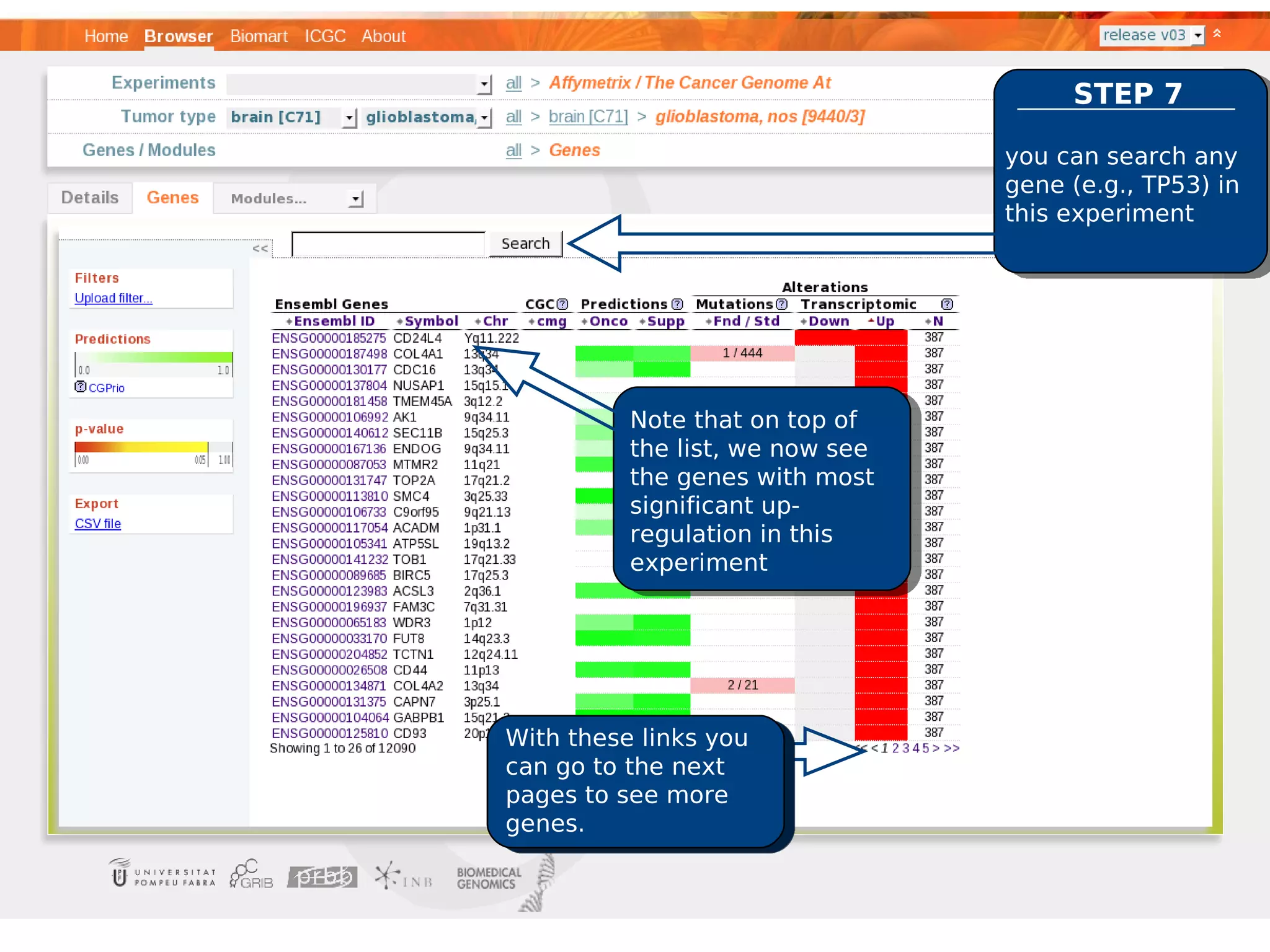 STEP 7

                                 you can search any
                                 gene (e.g., TP53) in
                                 this experiment




          Note that on top of
          the list, we now see
          the genes with most
          significant up-
          regulation in this
          experiment




With these links you
can go to the next
pages to see more
genes.
 