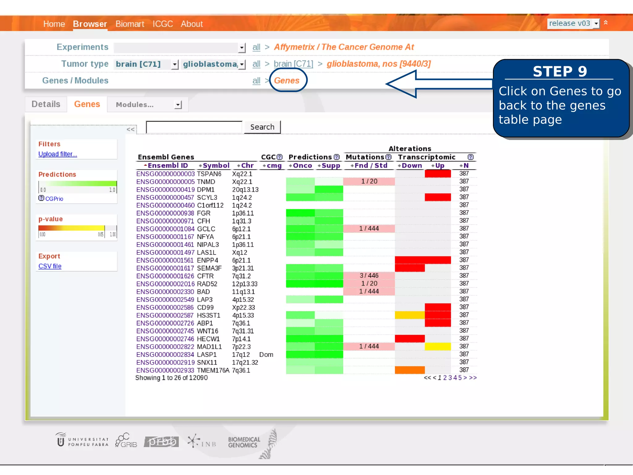 STEP 9
Click on Genes to go
back to the genes
table page
 