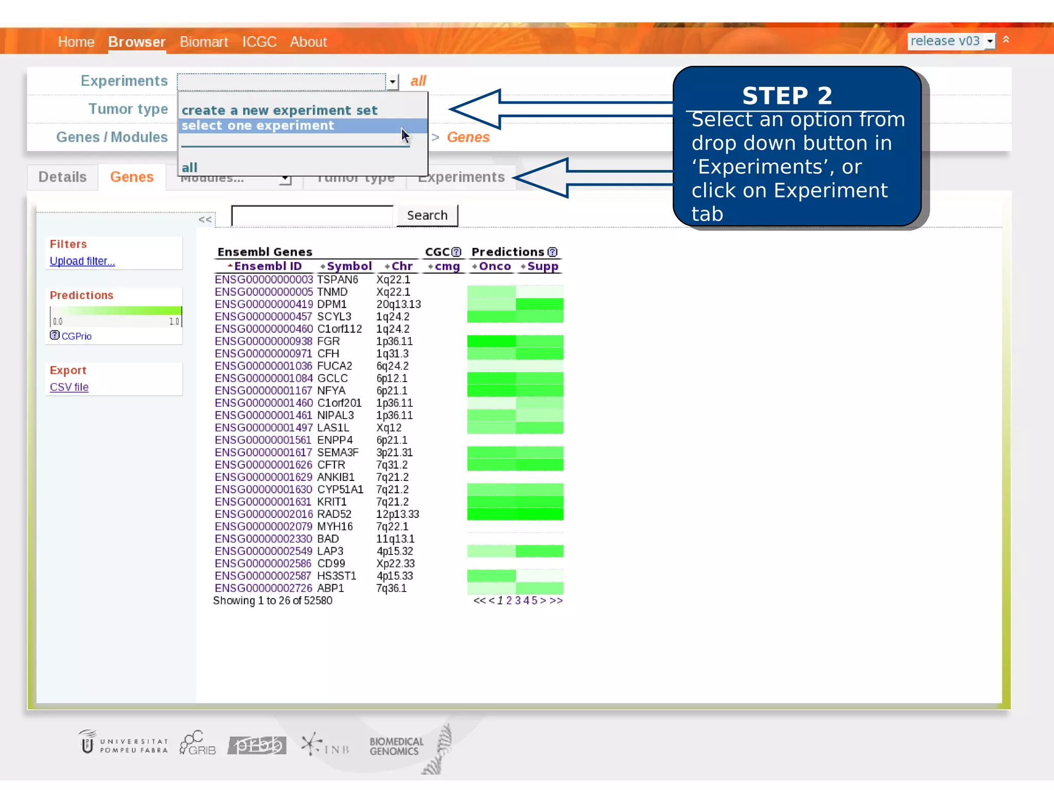 STEP 2
Select an option from
drop down button in
‘Experiments’, or
click on Experiment
tab
 