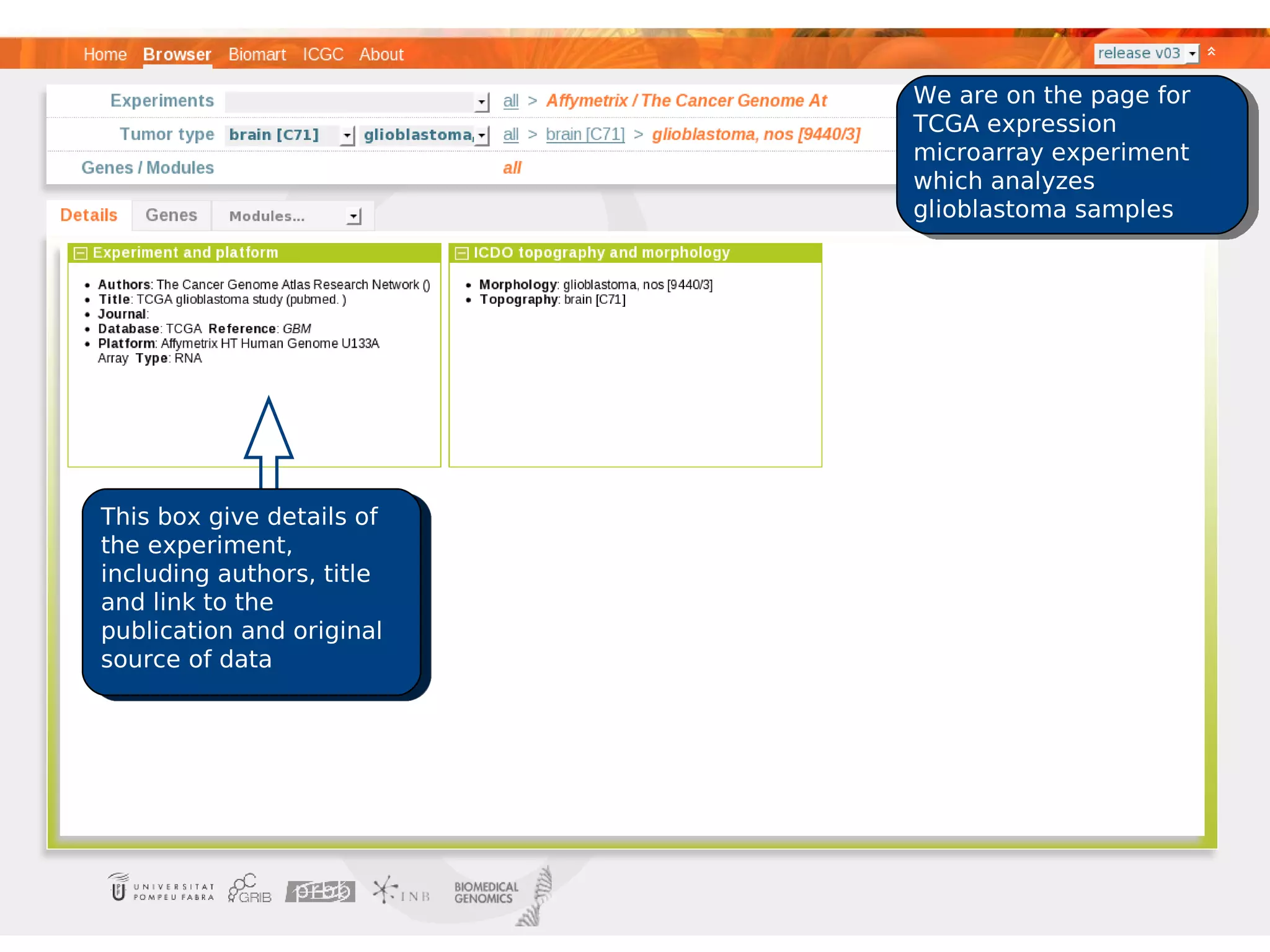 We are on the page for
                           TCGA expression
                           microarray experiment
                           which analyzes
                           glioblastoma samples




This box give details of
the experiment,
including authors, title
and link to the
publication and original
source of data
 