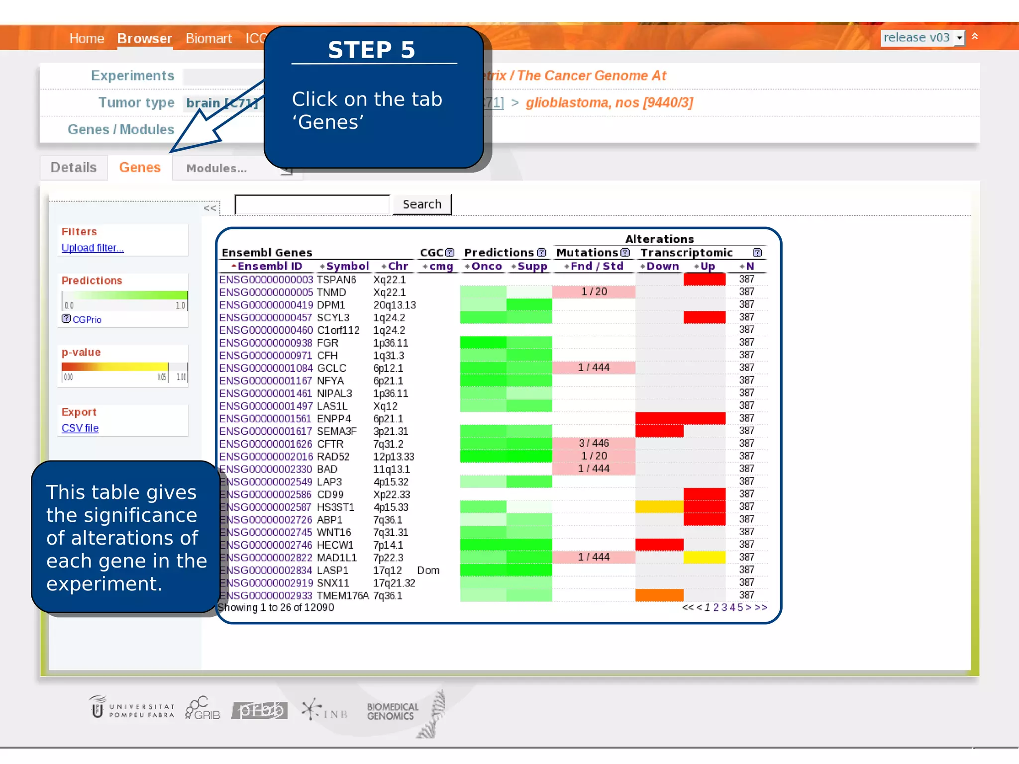 STEP 5

                    Click on the tab
                    ‘Genes’




This table gives
the significance
of alterations of
each gene in the
experiment.
 