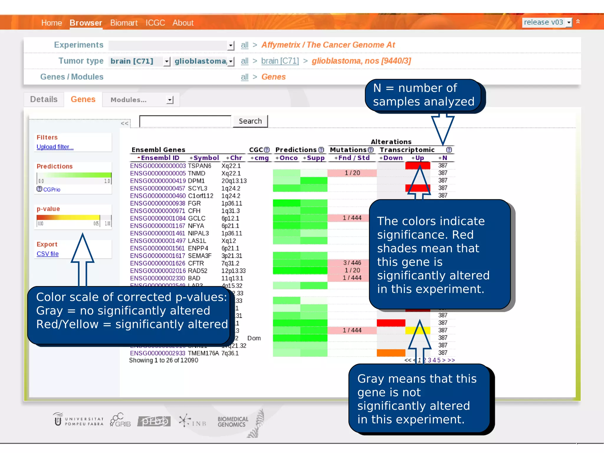 N = number of
                                       samples analyzed




                                        The colors indicate
                                        significance. Red
                                        shades mean that
                                        this gene is
                                        significantly altered
                                        in this experiment.
Color scale of corrected p-values:
Gray = no significantly altered
Red/Yellow = significantly altered



                                     Gray means that this
                                     gene is not
                                     significantly altered
                                     in this experiment.
 