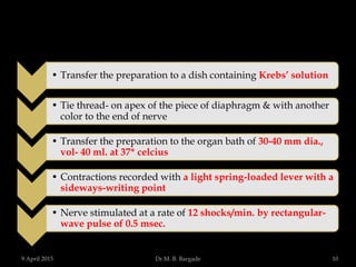 • Transfer the preparation to a dish containing Krebs’ solution
• Tie thread- on apex of the piece of diaphragm & with another
color to the end of nerve
• Transfer the preparation to the organ bath of 30-40 mm dia.,
vol- 40 ml. at 37* celcius
• Contractions recorded with a light spring-loaded lever with a
sideways-writing point
• Nerve stimulated at a rate of 12 shocks/min. by rectangular-
wave pulse of 0.5 msec.
9 April 2015 10Dr.M. B. Bargade
 