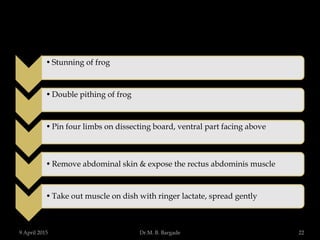 •Stunning of frog
•Double pithing of frog
•Pin four limbs on dissecting board, ventral part facing above
•Remove abdominal skin & expose the rectus abdominis muscle
•Take out muscle on dish with ringer lactate, spread gently
9 April 2015 22Dr.M. B. Bargade
 