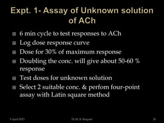  6 min cycle to test responses to ACh
 Log dose response curve
 Dose for 30% of maximum response
 Doubling the conc. will give about 50-60 %
response
 Test doses for unknown solution
 Select 2 suitable conc. & perfom four-point
assay with Latin square method
9 April 2015 26Dr.M. B. Bargade
 