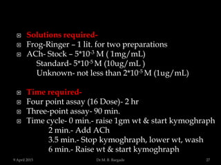  Solutions required-
 Frog-Ringer – 1 lit. for two preparations
 ACh- Stock – 5*10-3 M ( 1mg/mL)
Standard- 5*10-5 M (10ug/mL )
Unknown- not less than 2*10-5 M (1ug/mL)
 Time required-
 Four point assay (16 Dose)- 2 hr
 Three-point assay- 90 min.
 Time cycle- 0 min.- raise 1gm wt & start kymoghraph
2 min.- Add ACh
3.5 min.- Stop kymoghraph, lower wt, wash
6 min.- Raise wt & start kymoghraph
9 April 2015 27Dr.M. B. Bargade
 