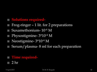 Solutions required-
 Frog-ringer – 1 lit. for 2 preparations
 Suxamethonium- 10-4 M
 Physostigmine- 3*10-4 M
 Neostigmine- 3*10-4 M
 Serum/plasma- 8 ml for each preparation
 Time required-
 2 hr
9 April 2015 42Dr.M. B. Bargade
 
