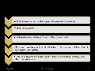 •Chick is euthanized with Phenobarbitone or Chloroform
•Clear the feathers
•Midline incision on back from skull to base of neck
•Biventer cervicis muscle is identified on either side of midline of neck
just below the surface
•Thread is attached to upper end & muscle is cut from bottom, and
then from other end
9 April 2015 52Dr.M. B. Bargade
 