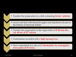• Transfer the preparation to a dish containing Krebs’ solution
• Lower end tied with thread & upper end attached to fix pin at
the bottom of electrode holder
• Transfer the preparation to the organ bath of 30-40 mm dia.,
vol- 40 ml. at 37* celcius
• Contractions recorded with a light sprung lever
• Nerve stimulated at a rate of 12 shocks/min. by rectangular-
wave pulse of 0.5 msec.
9 April 2015 53Dr.M. B. Bargade
 