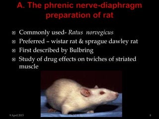  Commonly used- Ratus norvegicus
 Preferred – wistar rat & sprague dawley rat
 First described by Bulbring
 Study of drug effects on twiches of striated
muscle
9 April 2015 8Dr.M. B. Bargade
 