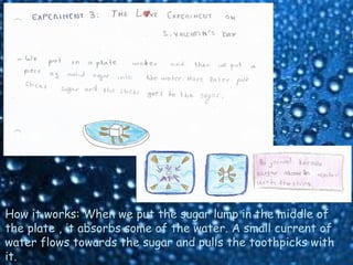 How it works: When we put the sugar lump in the middle of
the plate , it absorbs some of the water. A small current of
water flows towards the sugar and pulls the toothpicks with
it.
 