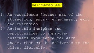 Deliverables:
1. An experience journey map of the
attraction, entry, engagement, exit
and extension.
2. Actionable insights and
opportunities to improving
customers experience for each
phase, that can be delivered to the
client digitally.
 