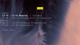 Time:
Lunch
13:00 - 13:45 Mapping + Insights
13:45 - 14:15 Creating Point of Departure
Break
14:30 - 15:00 Finishing Presentations
15:00 - 15:30 Presentation
C’est fini
 