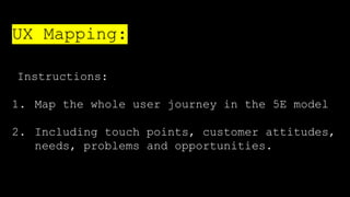 Instructions:
1. Map the whole user journey in the 5E model
2. Including touch points, customer attitudes,
needs, problems and opportunities.
UX Mapping:
 