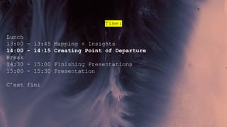 Time:
Lunch
13:00 - 13:45 Mapping + Insights
14:00 - 14:15 Creating Point of Departure
Break
14:30 - 15:00 Finishing Presentations
15:00 - 15:30 Presentation
C’est fini
 