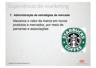 Experiência	
  de	
  marke/ng	
  
  7. Administração de estratégias de mercado

        Alavanca o valor da marca em novos
        produtos e mercados, por meio de
        parcerias e associações




Copyright © Prof. Alexandre Rodriguez 2012
 