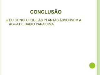 CONCLUSÃO
   EU CONCLUI QUE AS PLANTAS ABSORVEM A
    ÁGUA DE BAIXO PARA CIMA.
 