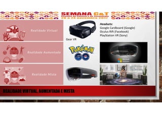 Gear VR
Headsets:
Google Cardboard (Google)
Oculus Rift (Facebook)
PlayStation VR (Sony)
REALIDADE VIRTUAL, AUMENTADA E MISTA
 