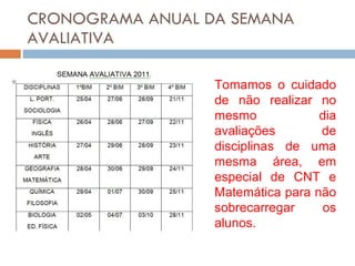 CRONOGRAMA ANUAL DA SEMANA AVALIATIVA Tomamos o cuidado de não realizar no mesmo dia avaliações de disciplinas de uma mesma área, em especial de CNT e Matemática para não sobrecarregar os alunos. 