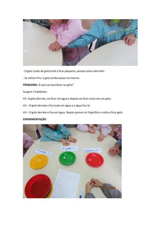 - O gelo (cubo de gelo) está a ficar pequeno, porque está a derreter.
- Se estiver frio, o gelo ainda estava na mesma.
PROBLEMA: O que vai acontecer ao gelo?
Surgem 3 hipóteses:
H1- O gelo derrete, vai ficar em água e depois vai ficar outra vez em gelo.
H2 – O gelo derrete e fica tudo em água e a água fica lá.
H3 – O gelo derrete e fica em água. Depois pomos no frigorífico e volta a ficar gelo.
EXPERIMENTAÇÃO

 