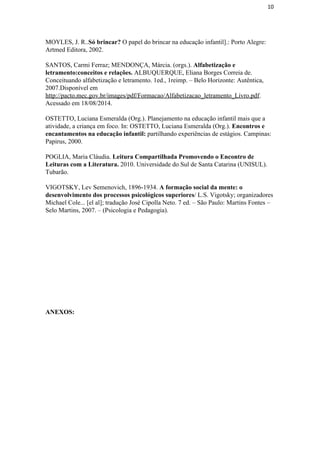 10
MOYLES, J. R..​Só brincar?​ O papel do brincar na educação infantil].: Porto Alegre: 
Artmed Editora, 2002. 
 
SANTOS, Carmi Ferraz; MENDONÇA, Márcia. (orgs.). ​Alfabetização e 
letramento:conceitos e relações. ​ALBUQUERQUE, Eliana Borges Correia de. 
Conceituando alfabetização e letramento. 1ed., 1reimp. – Belo Horizonte: Autêntica, 
2007.Disponível em 
http://pacto.mec.gov.br/images/pdf/Formacao/Alfabetizacao_letramento_Livro.pdf​. 
Acessado em 18/08/2014. 
 
OSTETTO, Luciana Esmeralda (Org.). Planejamento na educação infantil mais que a 
atividade, a criança em foco. In: OSTETTO, Luciana Esmeralda (Org.). ​Encontros e 
encantamentos na educação infantil: ​partilhando experiências de estágios. Campinas: 
Papirus, 2000. 
 
POGLIA, Maria Cláudia. ​Leitura Compartilhada Promovendo o Encontro de 
Leituras com a Literatura. ​2010. Universidade do Sul de Santa Catarina (UNISUL). 
Tubarão. 
 
VIGOTSKY, Lev Semenovich, 1896­1934. ​A formação social da mente: o 
desenvolvimento dos processos psicológicos superiores​/ L.S. Vigotsky; organizadores 
Michael Cole... [el al]; tradução José Cipolla Neto. 7 ed. – São Paulo: Martins Fontes – 
Selo Martins, 2007. – (Psicologia e Pedagogia). 
 
 
ANEXOS: 
 
 
 
 