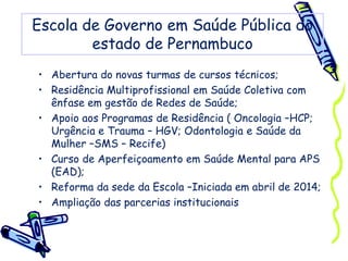 • Abertura do novas turmas de cursos técnicos;
• Residência Multiprofissional em Saúde Coletiva com
ênfase em gestão de Redes de Saúde;
• Apoio aos Programas de Residência ( Oncologia –HCP;
Urgência e Trauma – HGV; Odontologia e Saúde da
Mulher –SMS – Recife)
• Curso de Aperfeiçoamento em Saúde Mental para APS
(EAD);
• Reforma da sede da Escola –Iniciada em abril de 2014;
• Ampliação das parcerias institucionais
Escola de Governo em Saúde Pública do
estado de Pernambuco
 