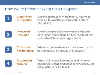 Experis Overview




How We’re Different: What Sets Us Apart?
                      Experience     Experis operates in more than 50 countries,
                      & Expertise    works with over 80 percent of the Fortune
                                     Global 500.

                      Increased      We find the professionals whose skills and
                      Precision      experience make them the best technical and
                                     cultural match for your organization.


                      Enhanced       When we put individualized solutions to work
                      Partnerships   in a company, the results are amazing.


                      Accelerated    We combine local knowledge and personal
                      Results        insight with global resources to give clients an
                                     edge in the race for talent.
Experis | Tuesday, July 17, 2012                                                          19
 