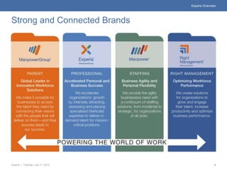 Experis Overview




Strong and Connected Brands




Experis | Tuesday, July 17, 2012                  4
 