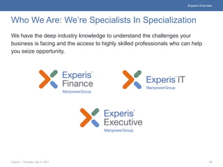 Experis Overview




Who We Are: We’re Specialists In Specialization
We have the deep industry knowledge to understand the...