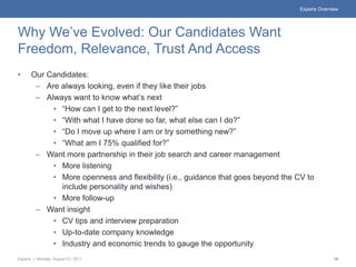 Experis Overview




Why We’ve Evolved: Our Candidates Want
Freedom, Relevance, Trust And Access
•     Our Candidates:
       – Are always looking, even if they like their jobs
       – Always want to know what’s next
           • “How can I get to the next level?”
           • “With what I have done so far, what else can I do?”
           • “Do I move up where I am or try something new?”
           • “What am I 75% qualified for?”
       – Want more partnership in their job search and career management
           • More listening
           • More openness and flexibility (i.e., guidance that goes beyond the CV to
             include personality and wishes)
           • More follow-up
       – Want insight
           • CV tips and interview preparation
           • Up-to-date company knowledge
           • Industry and economic trends to gauge the opportunity
Experis | Monday, August 01, 2011                                                              16
 