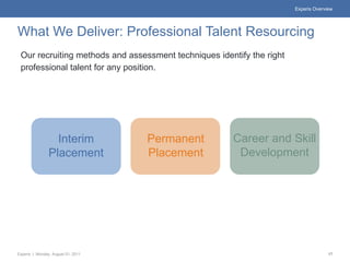 Experis Overview




What We Deliver: Professional Talent Resourcing
 Our recruiting methods and assessment techniques identify the right
 professional talent for any position.




                  Interim           Permanent         Career and Skill
                Placement           Placement          Development




Experis | Monday, August 01, 2011                                                    17
 