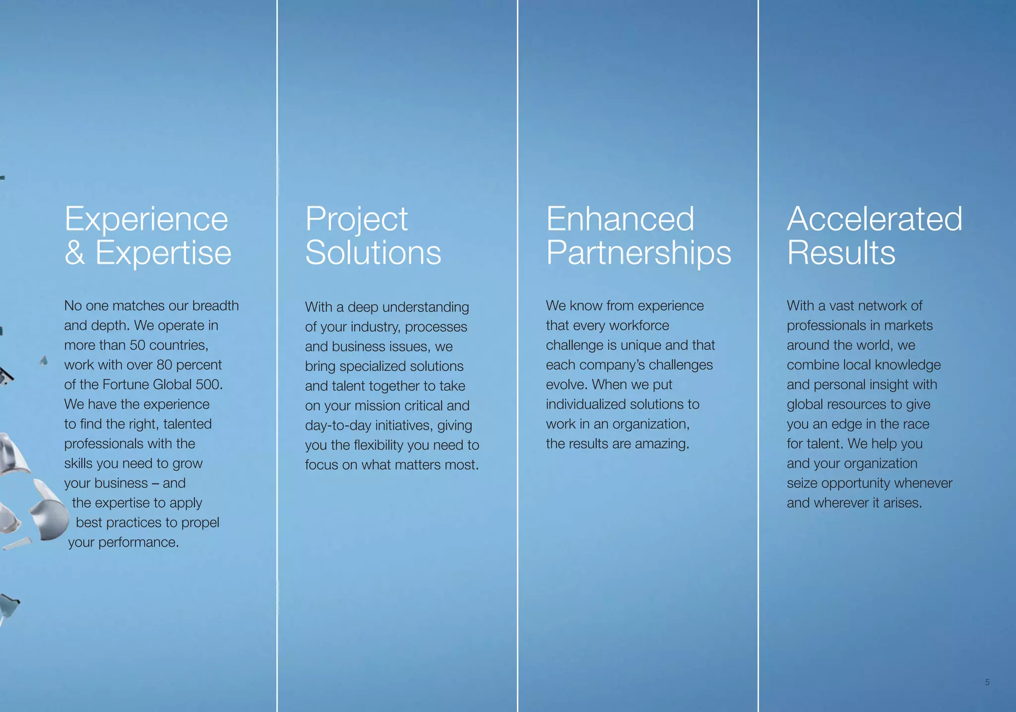 5
No one matches our breadth
and depth. We operate in
more than 50 countries,
work with over 80 percent
of the Fortune Global 500.
We have the experience
to find the right, talented
professionals with the
skills you need to grow
your business – and
the expertise to apply
best practices to propel
your performance.
With a deep understanding
of your industry, processes
and business issues, we
bring specialized solutions
and talent together to take
on your mission critical and
day-to-day initiatives, giving
you the flexibility you need to
focus on what matters most.
We know from experience
that every workforce
challenge is unique and that
each company’s challenges
evolve. When we put
individualized solutions to
work in an organization,
the results are amazing.
With a vast network of
professionals in markets
around the world, we
combine local knowledge
and personal insight with
global resources to give
you an edge in the race
for talent. We help you
and your organization
seize opportunity whenever
and wherever it arises.
Accelerated
Results
Experience
& Expertise
Project
Solutions
Enhanced
Partnerships
 
