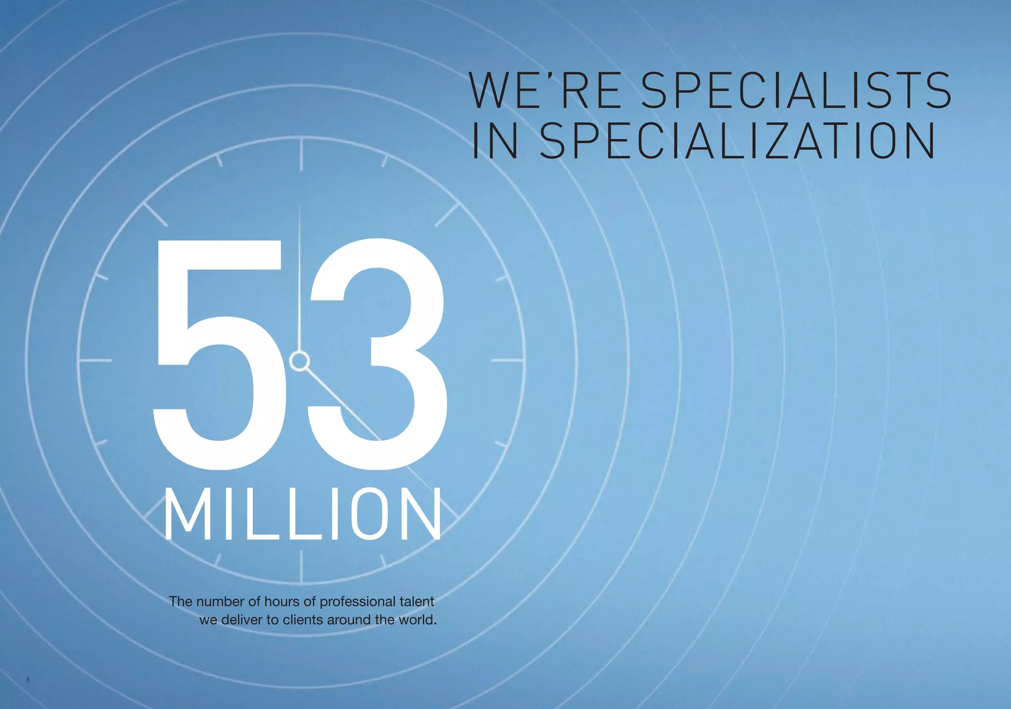 6
We’re specialists
in specialization
53
6
The number of hours of professional talent
we deliver to clients around the world.
million
 